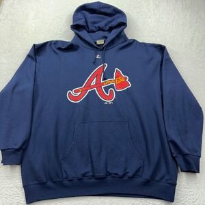 Majestic MLB Atlanta Braves Navy Blue Pullover Hoodie Mens XL Graphic Fleece